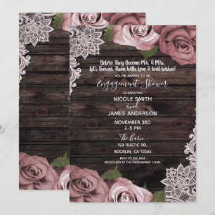 Dusty Pink Floral Roses Rustic Wood Engagement Invitation