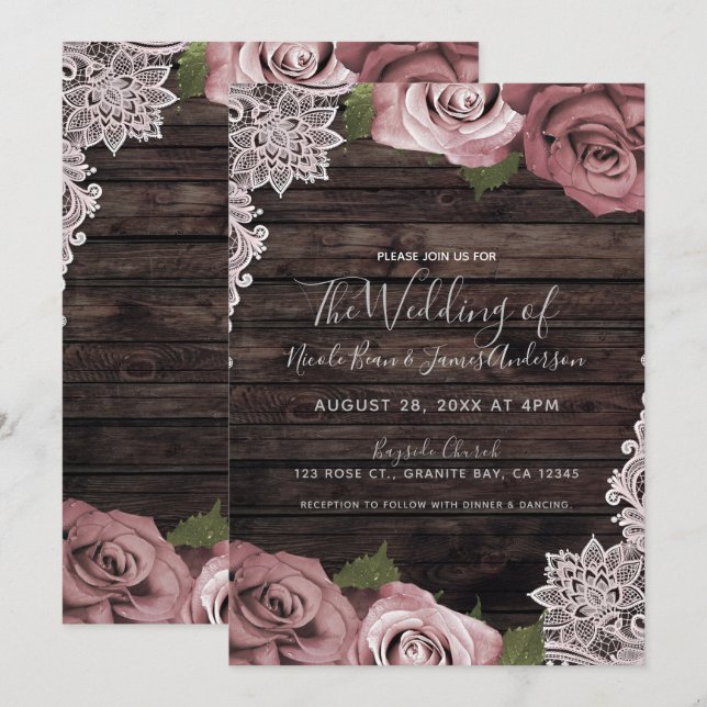 Dusty Pink Floral Roses Rustic Wood & Lace Wedding Invitation (Front/Back)