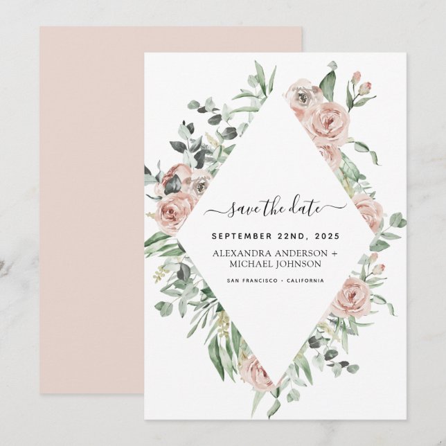 Dusty Pink Floral Save the Date Greenery Invitation (Front/Back)