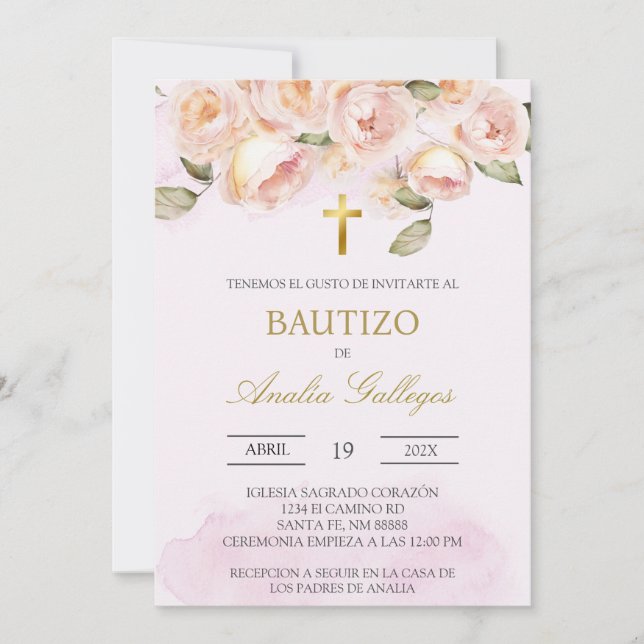 Dusty pink floral Spanish baptism Invitation (Front)