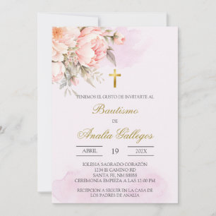 Dusty pink floral Spanish baptism Invitation