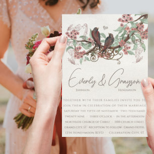 Dusty Pink Floral Vintage Birds Wedding Invite