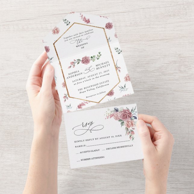 Dusty Pink Floral Wedding All In One Invitation (Tearaway)