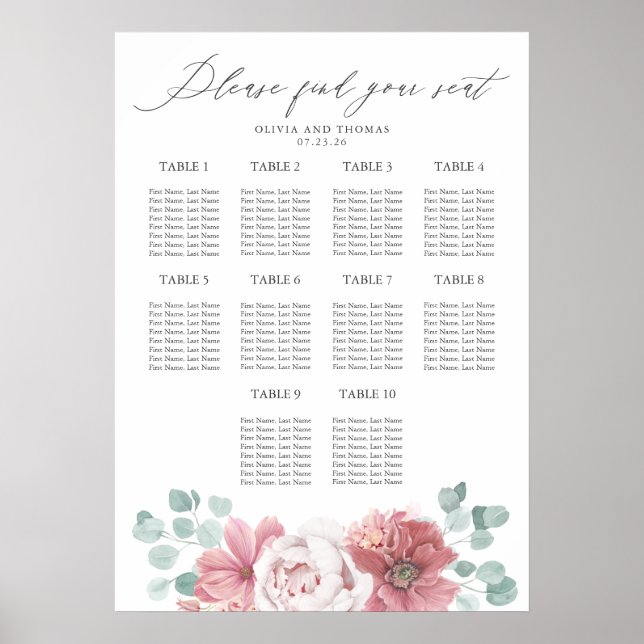 Dusty Pink Floral Wedding Seating Chart (Front)