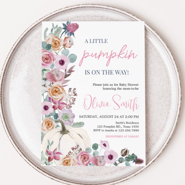 Dusty Pink Floral White Pumpkin Baby Shower Invitation (Pink Floral Pumpkin Baby Shower Invitation )
