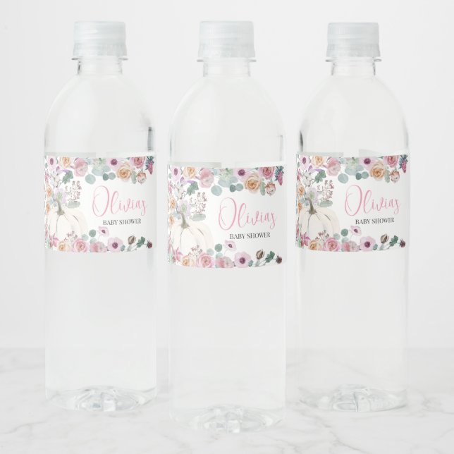 Dusty Pink Floral White Pumpkin Baby Shower Water Bottle Label (Bottles)