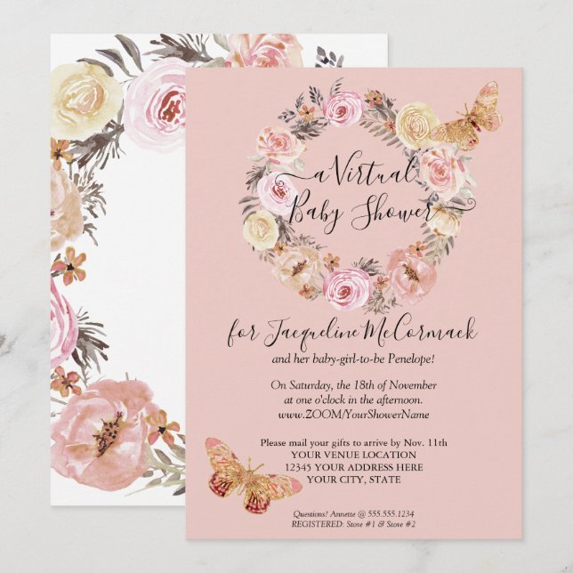 Dusty Pink Floral Wreath Butterfly Virtual Shower Invitation (Front/Back)