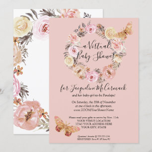 Dusty Pink Floral Wreath Butterfly Virtual Shower Invitation