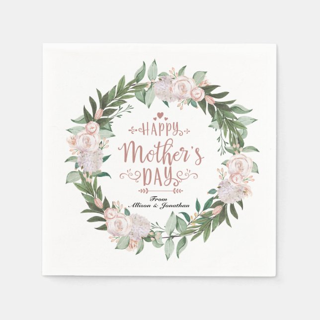 Dusty Pink Floral Wreath Happy Mothers Day Napkin (Front)
