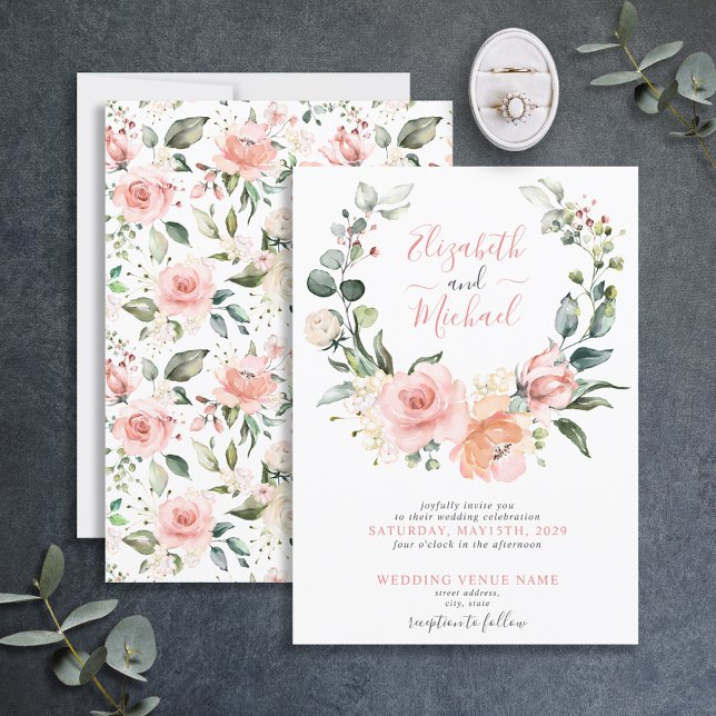 Dusty Pink Floral Wreath Script Wedding Invitation (Creator Uploaded)