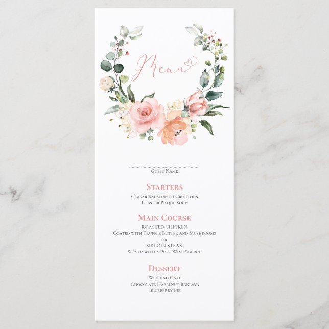 Dusty Pink Floral Wreath Wedding Menu (Front)