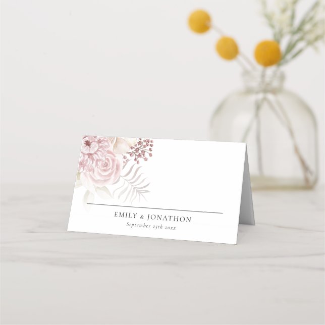 Dusty Pink Florals Names Date Welcome Wedding Place Card (Front)