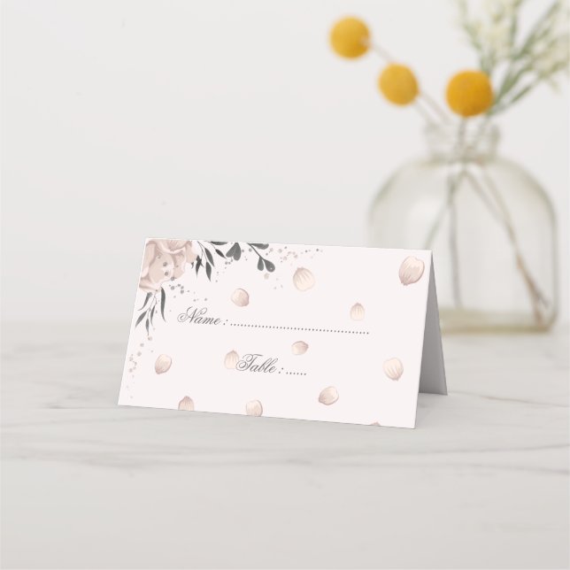 dusty pink flower black leaves & petals place card (Front)