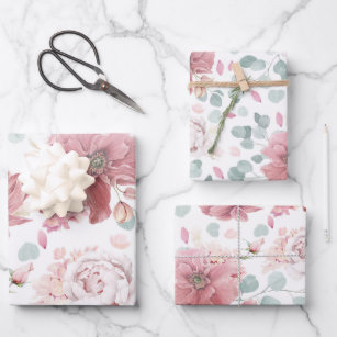 Dusty Pink Flowers Elegant Botanical Pattern Wrapping Paper Sheet
