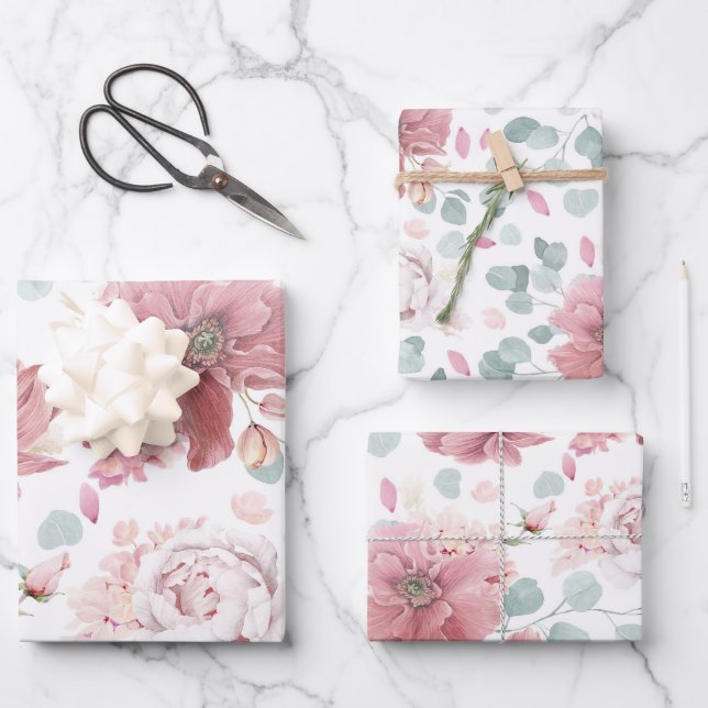 Dusty Pink Flowers Elegant Botanical Pattern Wrapping Paper Sheet (Front)