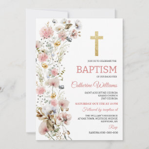 Dusty Pink Flowers Elegant Girls Baptism Invitation