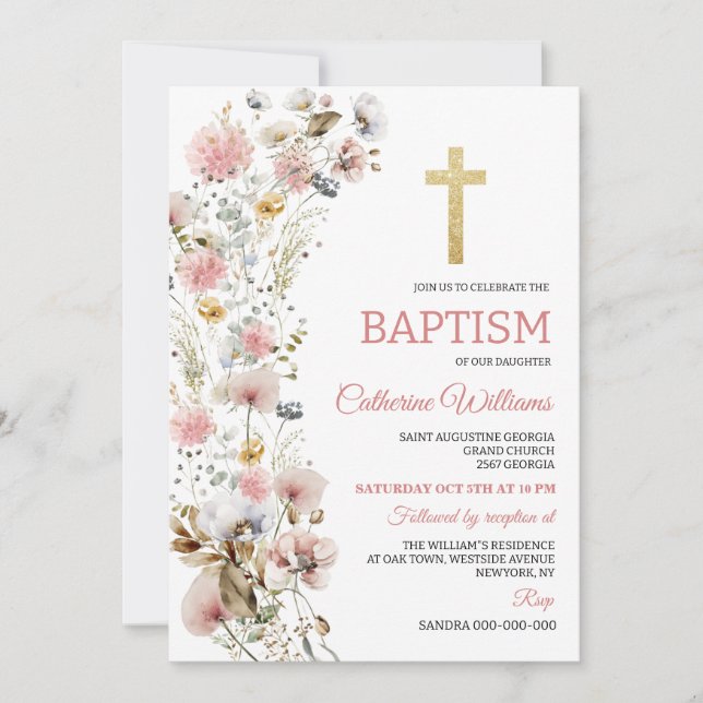Dusty Pink Flowers Elegant Girls Baptism  Invitation (Front)