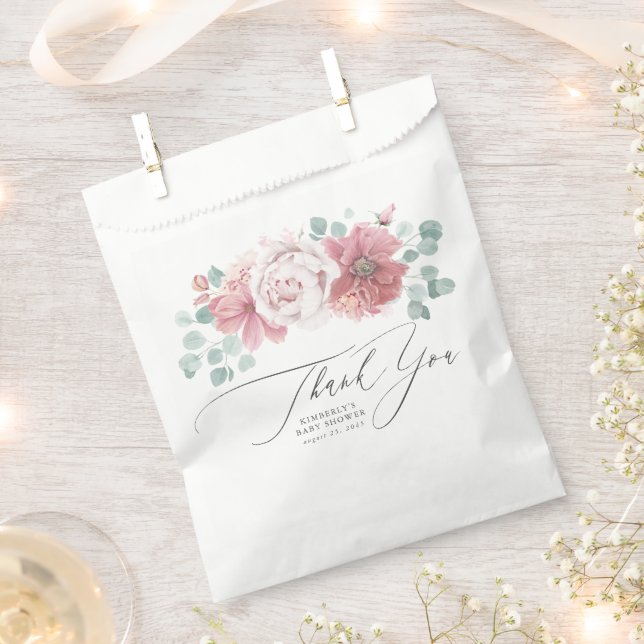 Dusty Pink Flowers Elegant Script Thank You Favour Bags (Clipped)