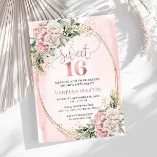 Dusty Pink Flowers Eucalyptus Sweet 16 Invitation