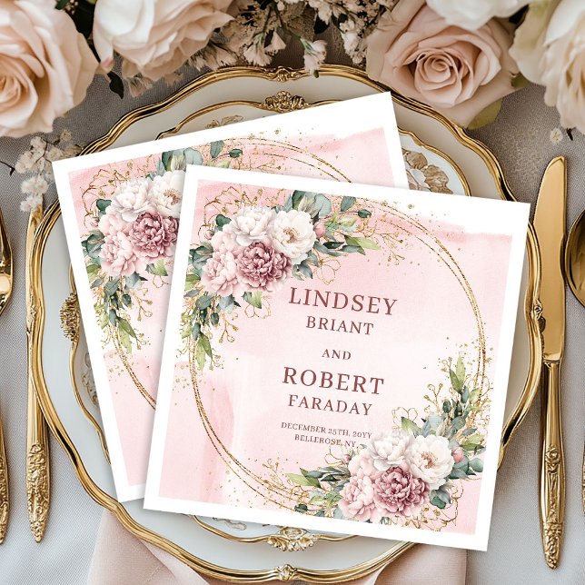 Dusty Pink Flowers Gold Glitter Eucalyptus Wedding Napkin (Dusty Pink Flowers Gold Glitter Eucalyptus Wedding Napkins)