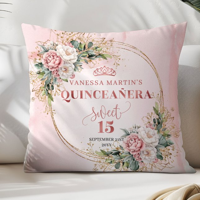 Dusty Pink Flowers Greenery Perfect Gift 15th Bday Cushion (Dusty Pink Flowers Greenery Perfect Gift 15th Pillow)