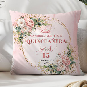 Dusty Pink Flowers Greenery Sweet 15 Pillow Gift