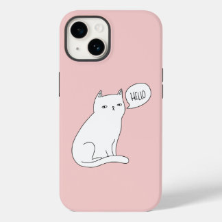 Dusty Pink Funny White Cat Drawing Hello Case-Mate iPhone 14 Case