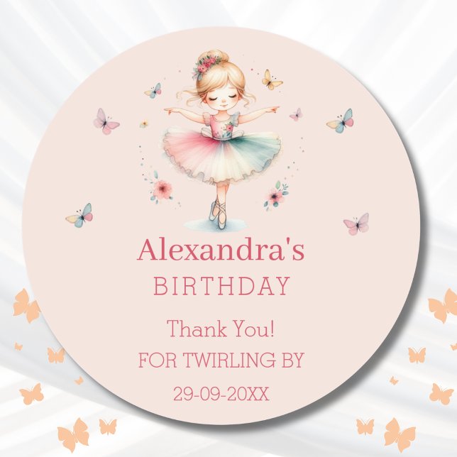 Dusty Pink Girl Ballerina Birthday Thank You   Classic Round Sticker (Creator Uploaded)