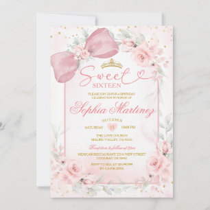 Dusty Pink Girl Floral Gold Crown Sweet Sixteen Invitation