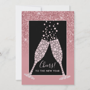 Dusty Pink Glitter Champagne Toast New Year Card