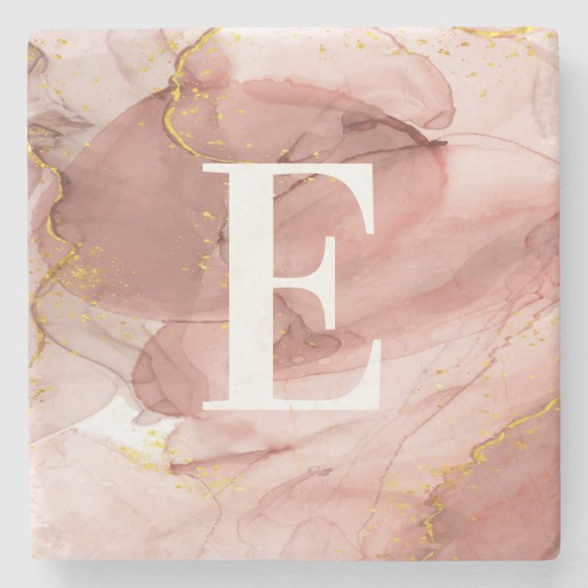 Dusty Pink Gold Agate Alcohol Ink Monogrammed  Key Stone Coaster (Front)