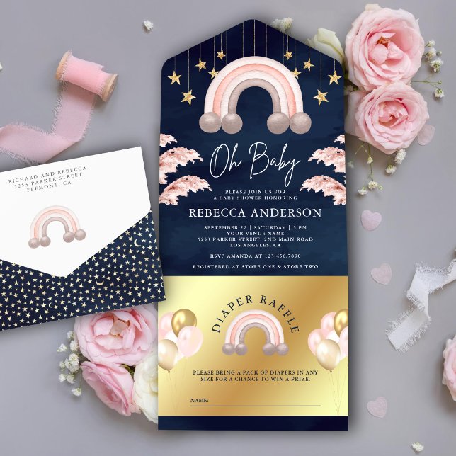 Dusty Pink Gold Boho Rainbow Navy Blue Baby Shower All In One Invitation (Creator Uploaded)