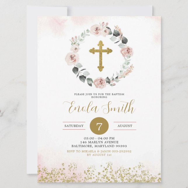 Dusty Pink Gold Cross Girl Baptism Invitation (Front)