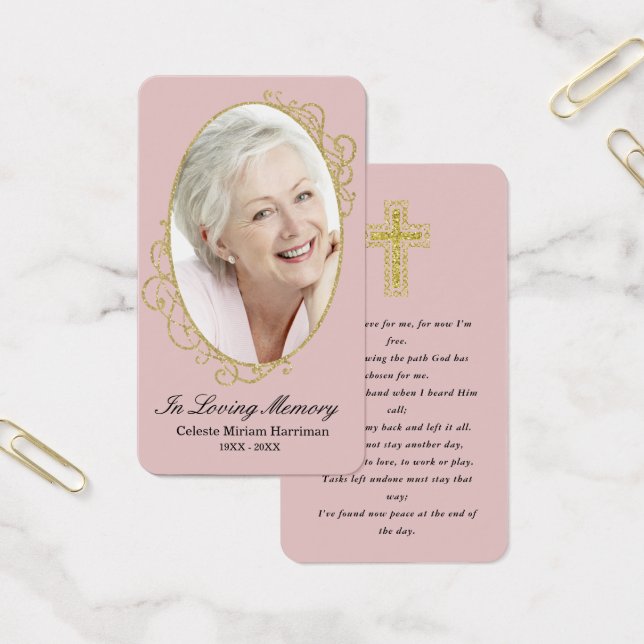 Dusty Pink Gold Photo Sympathy Funeral Prayer Card (Office)