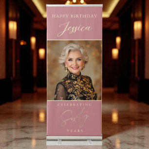 Dusty Pink Gold Script Photo 60th Birthday Retractable Banner
