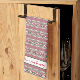 Dusty Pink Green and White Fair Isle Christmas Tea Towel