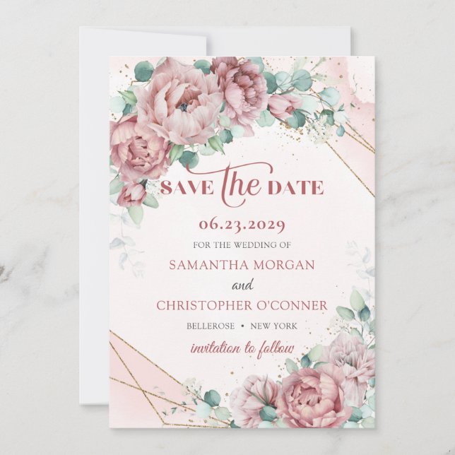 Dusty pink greenery eucalyptus gold save the date (Front)