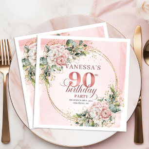 Dusty Pink Greenery Floral 90th Birthday Party Napkin