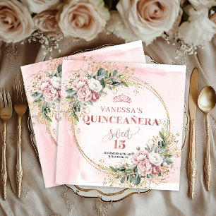 Dusty Pink Greenery Floral Sweet 15 Celebration  Napkin