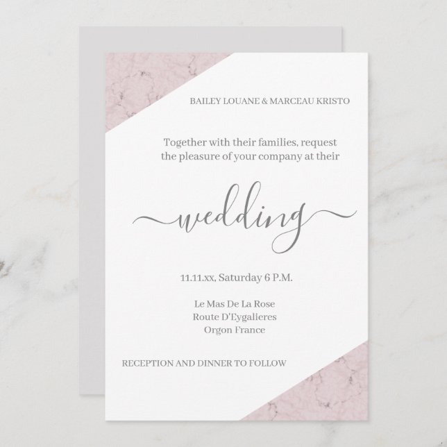 Dusty Pink Grey and White Marble Elegant Wedding Invitation (Front/Back)