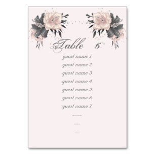 dusty pink grey flowers glitter seating chart table number