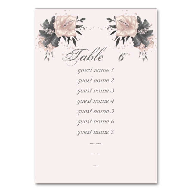 dusty pink grey flowers glitter seating chart table number (Front)