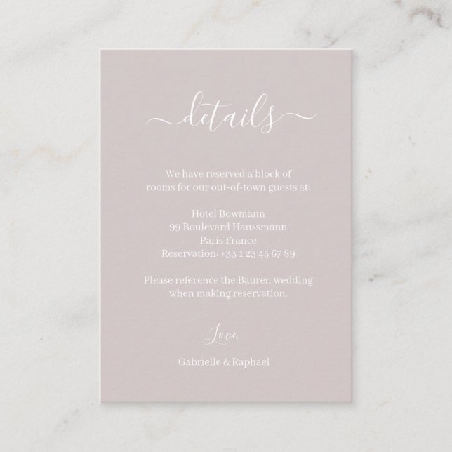Dusty Pink Grey Minimalist Wedding Hotel Detail Enclosure Card (Front)