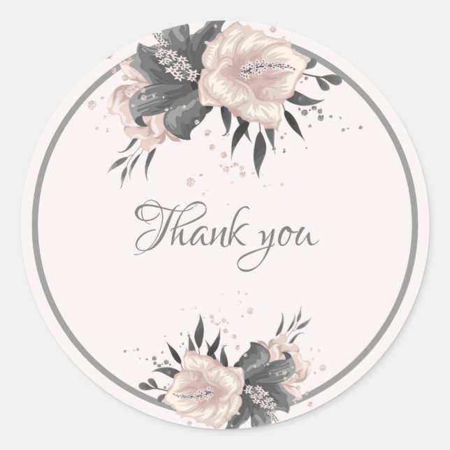 dusty pink grey tropical flowers thank you classic round sticker (Front)