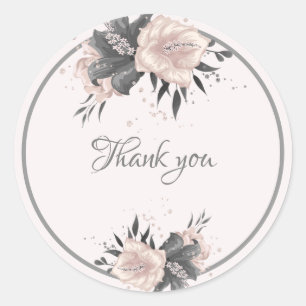 dusty pink grey tropical flowers thank you classic round sticker
