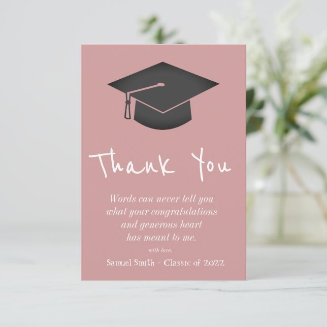 Dusty Pink Handwriting Cap and Tassel Graduation   Thank You Card (Standing Front)