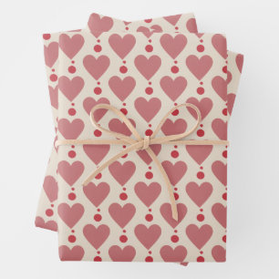 Dusty Pink Hearts and Red Dots on Cream Valentine Wrapping Paper Sheet