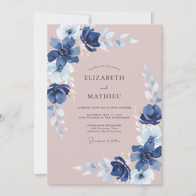 Dusty Pink Indigo Painted Wedding Invitation (Front)