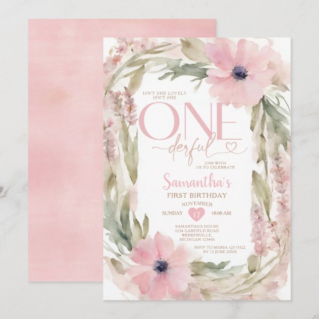 Dusty Pink Isn't She Onederful Birthday Flowers Invitation (Front/Back)