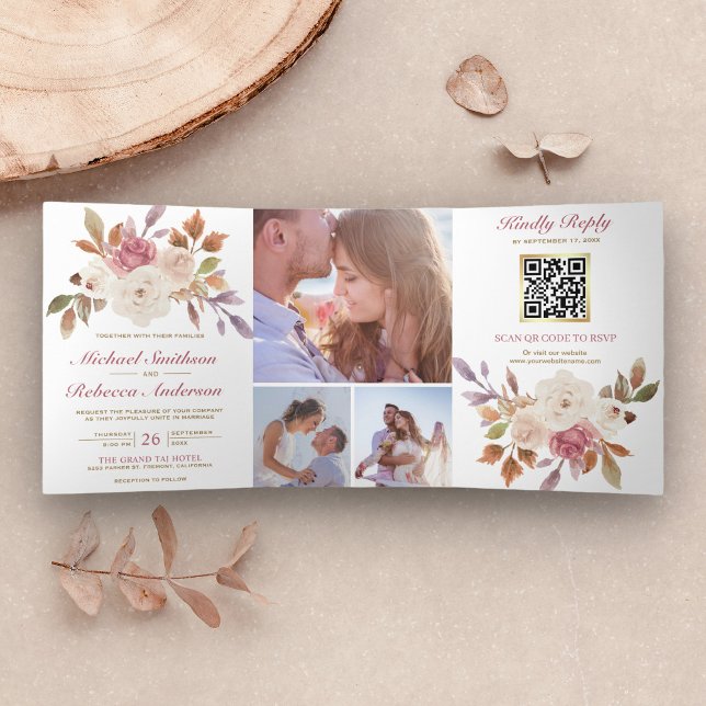 Dusty Pink Ivory Floral Photo QR Code Wedding Tri-Fold Invitation (Creator Uploaded)